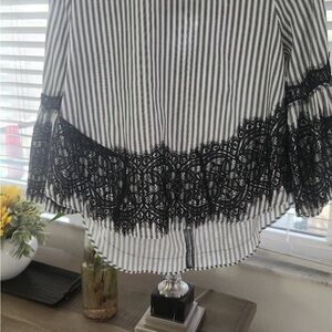 Striped Blouse with Black Lace Trim
